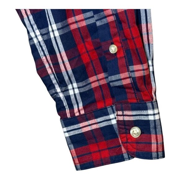 Chaps Easy Care Men's Red Navy Plaid Long Sleeve Button-up Shirt Size L Crest - Picture 6 of 14